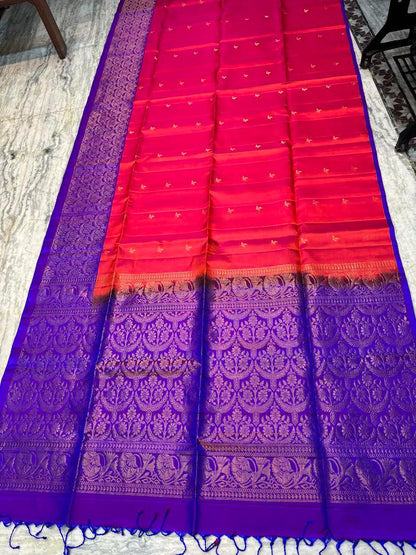 Luxury Soft Silk Saree in Orange &amp; Violet | Gold Zari Butta Design - pochampallysarees.com