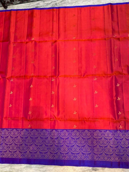 Luxury Soft Silk Saree in Orange &amp; Violet | Gold Zari Butta Design - pochampallysarees.com