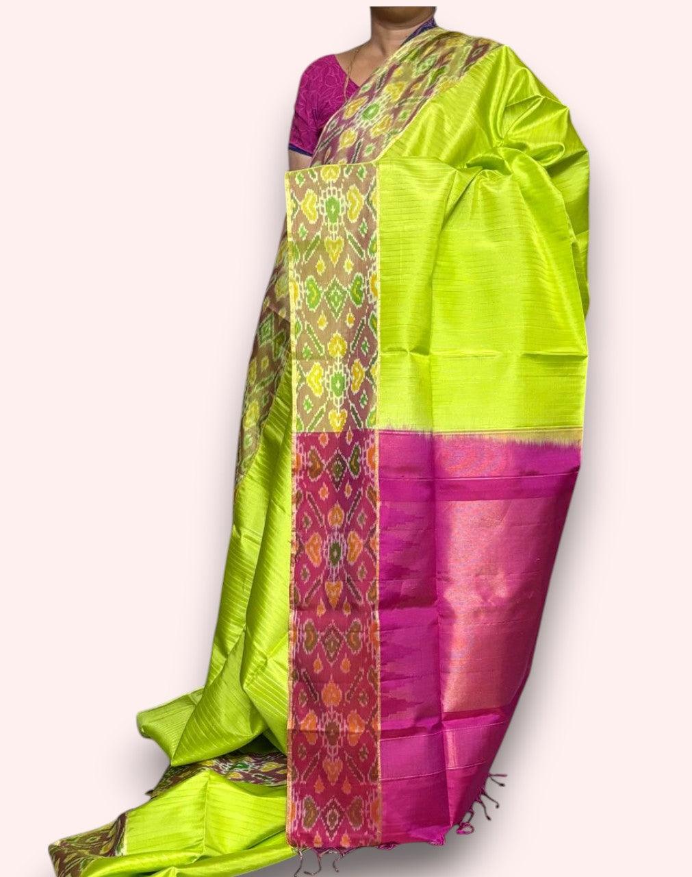 Pure Pochampally Soft Ikat Silk Parrot Green Pink Saree