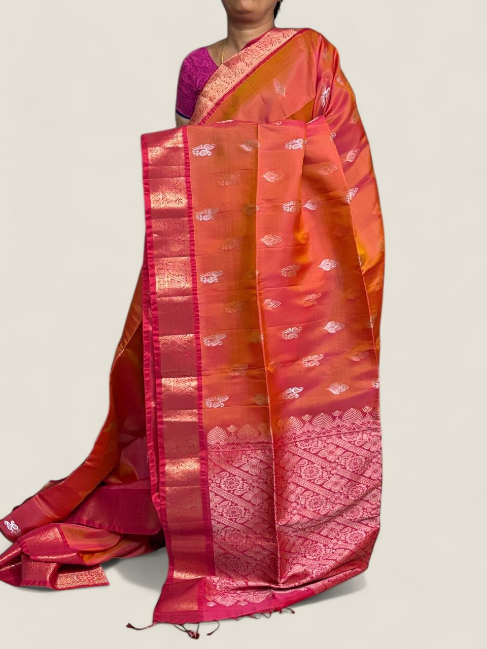 PURE SOFT SILK SAREE PINK WITH ALLOVER ZARI WEAVES BUTTAS IN KANCHI BORDER STYLE