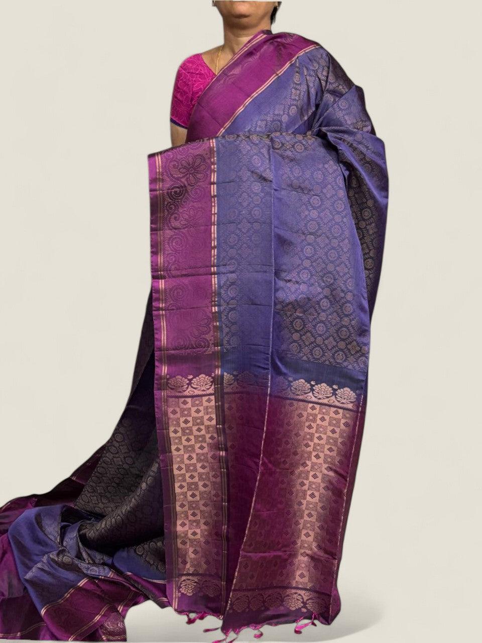 PURE SOFT SILK SAREE BLUE AND PURPLE WITH ALLOVER ZARI WEAVES BUTTAS IN BORDER PLAIN STYLE