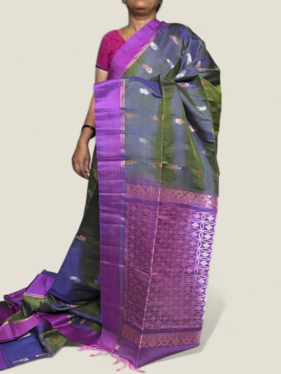 PURE SOFT SILK SAREE MIXED BLUE AND PURPLE WITH ALLOVER ZARI WEAVES BUTTAS IN BORDER PLAIN STYLE