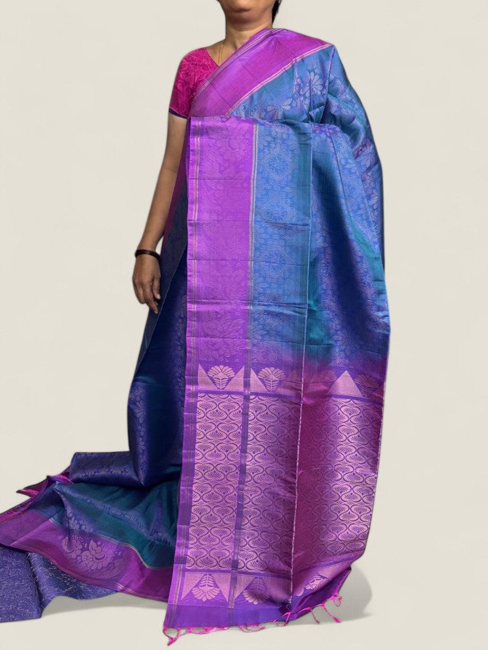 PURE SOFT SILK SAREE BLUE AND PURPLE WITH ALLOVER ZARI WEAVES BUTTAS IN BORDER PLAIN STYLE