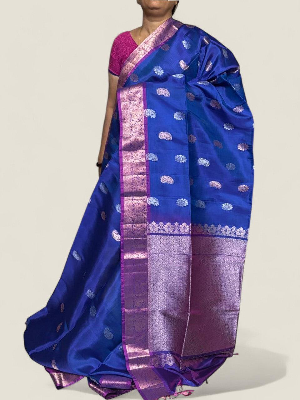 PURE SOFT SILK SAREE BLUE AND PURPLE WITH ALLOVER ZARI WEAVES BUTTAS IN KANCHI BORDER STYLE