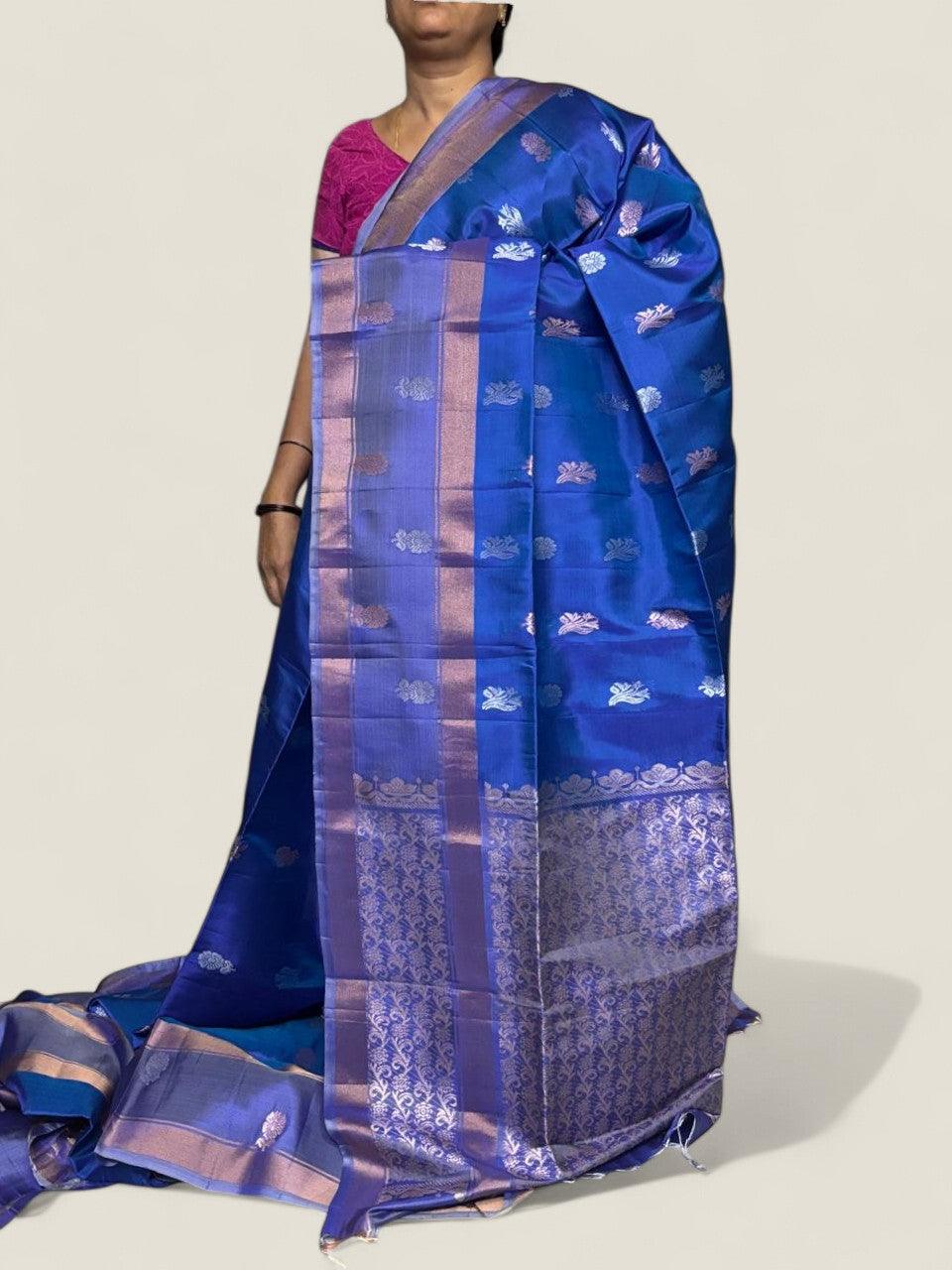 PURE SOFT SILK SAREE BLUE AND SKY BLUE WITH ALLOVER ZARI WEAVES BUTTAS IN BORDER PLAIN STYLE