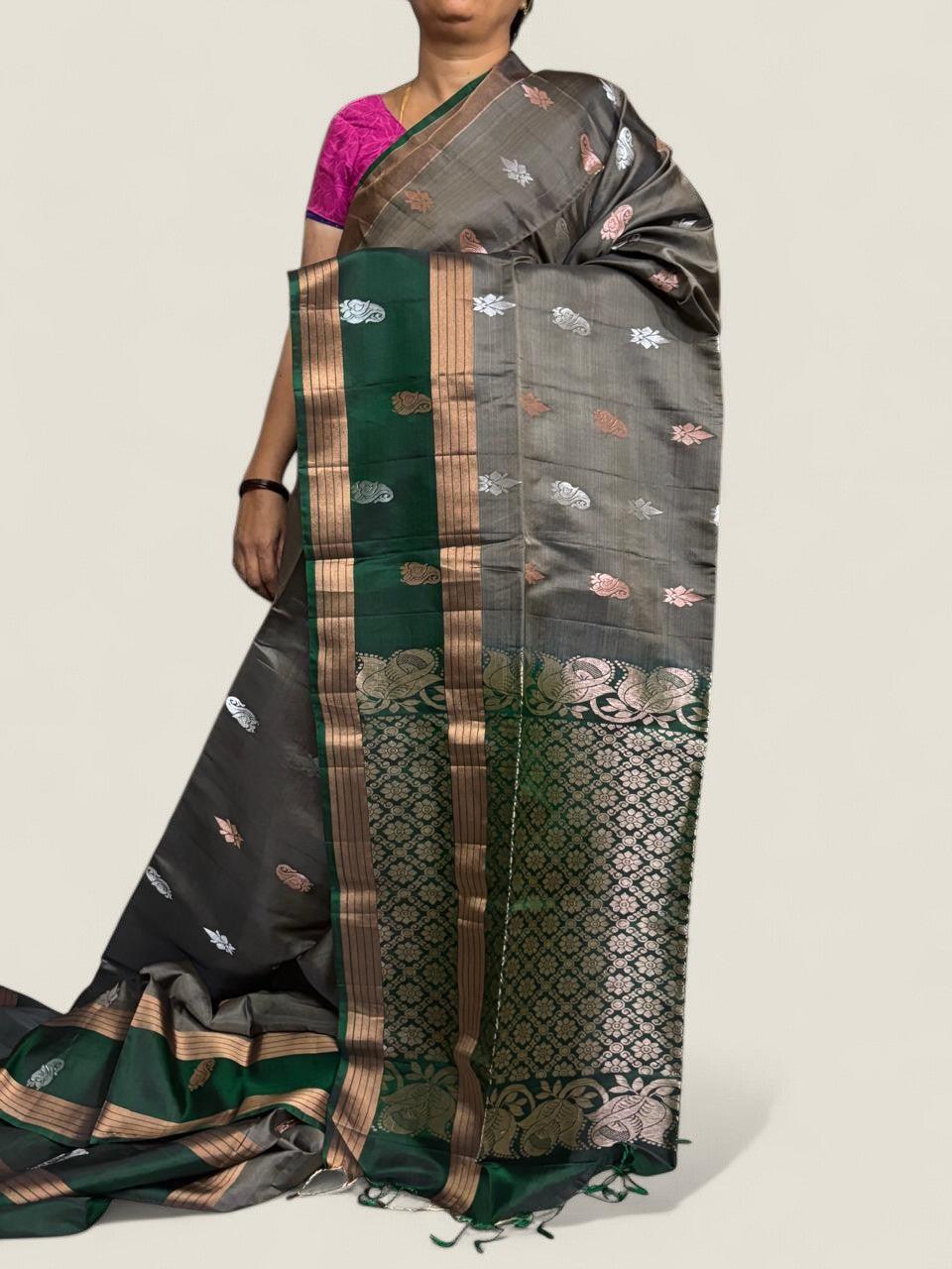 PURE SOFT SILK SAREE GRAY AND GREEN WITH ALLOVER ZARI WEAVES BUTTAS IN BORDER PLAIN STYLE