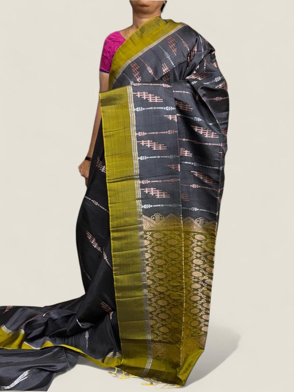 PURE SOFT SILK SAREE  GRAY AND YELLOW WITH ALLOVER ZARI WEAVES BUTTAS IN BORDER PLAIN STYLE