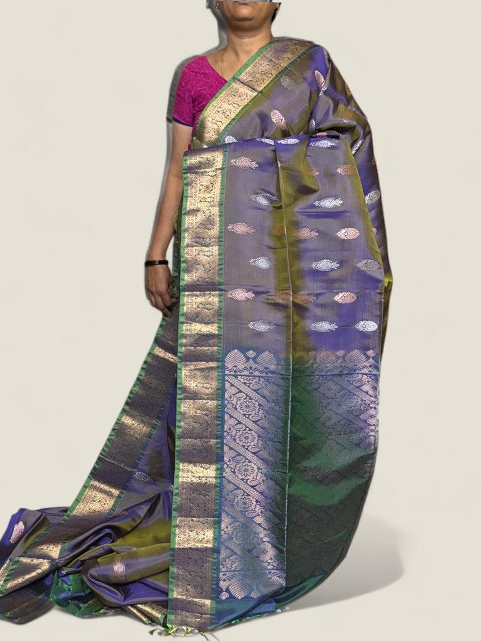 PURE SOFT SILK SAREE GRAY AND GREEN WITH ALLOVER ZARI WEAVES BUTTAS IN KANCHI BORDER STYLE