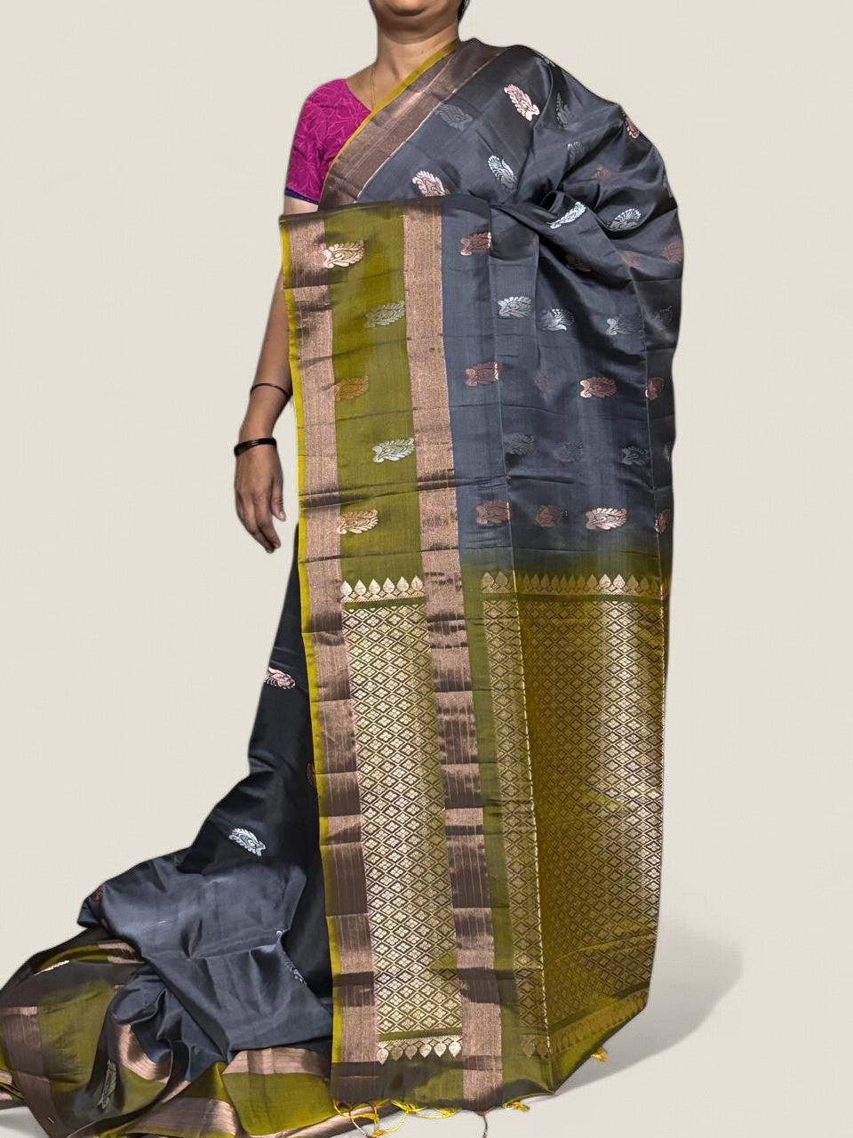 PURE SOFT SILK SAREE GRAY AND OLIVE GREEN WITH ALLOVER ZARI WEAVES BUTTAS IN BORDER PLAIN TISSUE