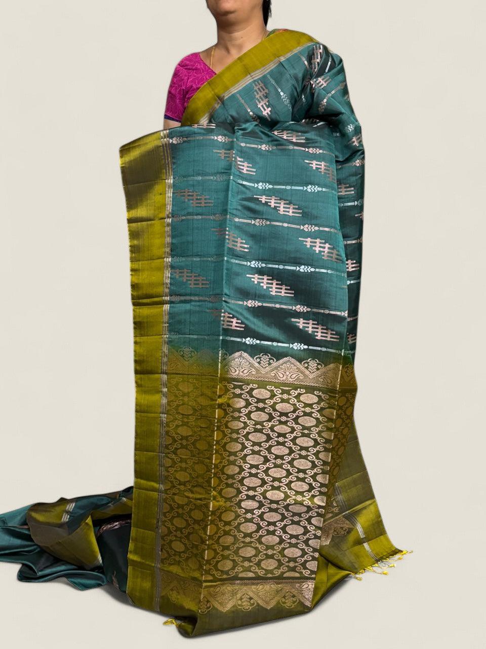 PURE SOFT SILK SAREE GREEN AND YELLOW WITH ALLOVER ZARI WEAVES BUTTAS IN BORDER PLAIN TISSUE