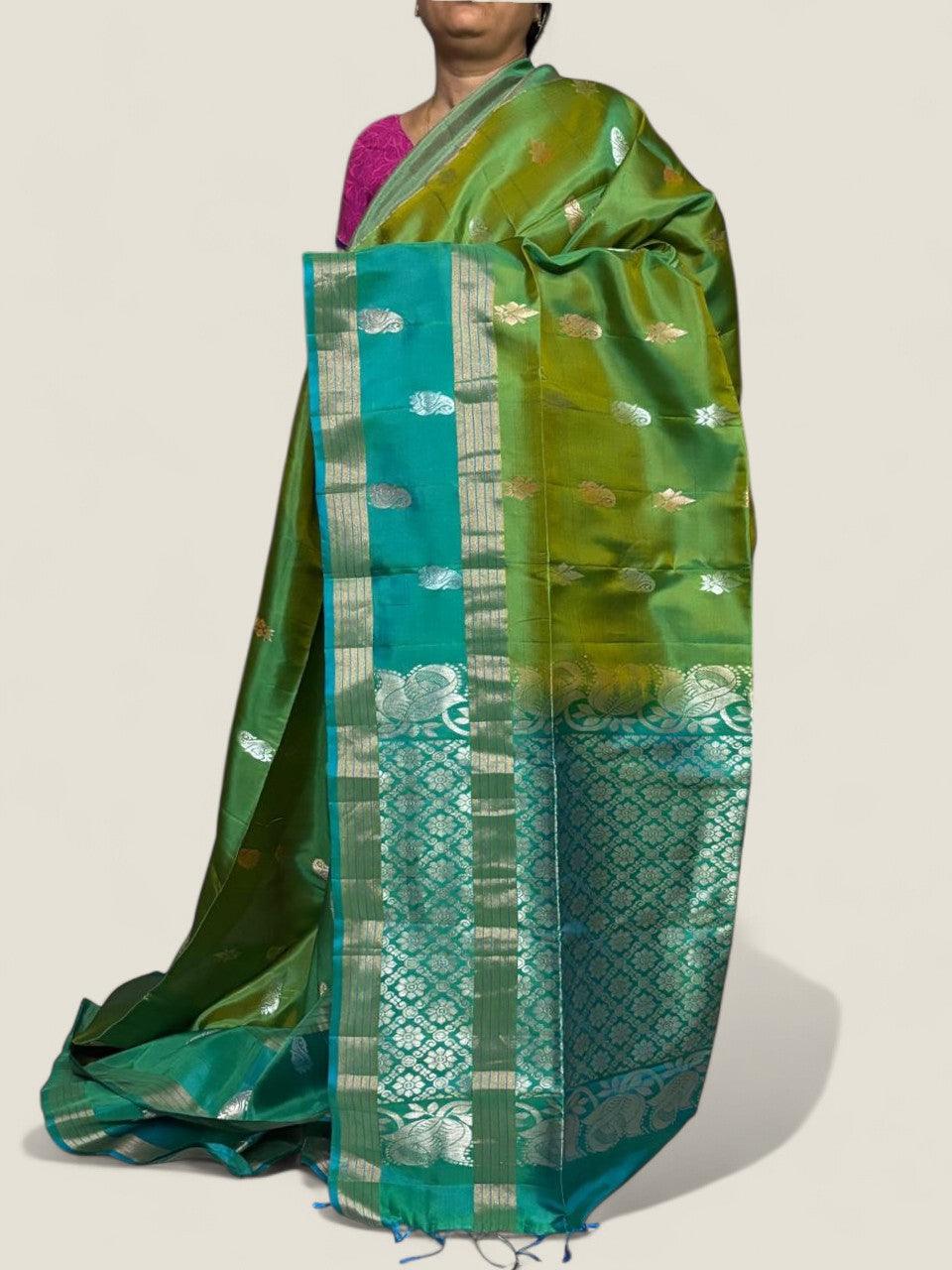 PURE SOFT SILK SAREE BLUE AND RAMA GREEN WITH ALLOVER ZARI WEAVES BUTTAS IN BORDER PLAIN STYLE