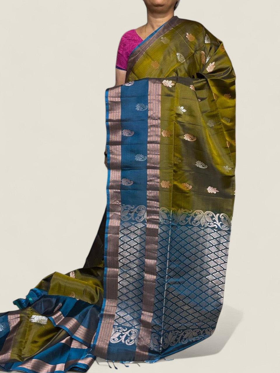 PURE SOFT SILK SAREE OLIVE GREEN AND BLUE WITH ALLOVER ZARI WEAVES BUTTAS IN BORDER PLAIN STYLE