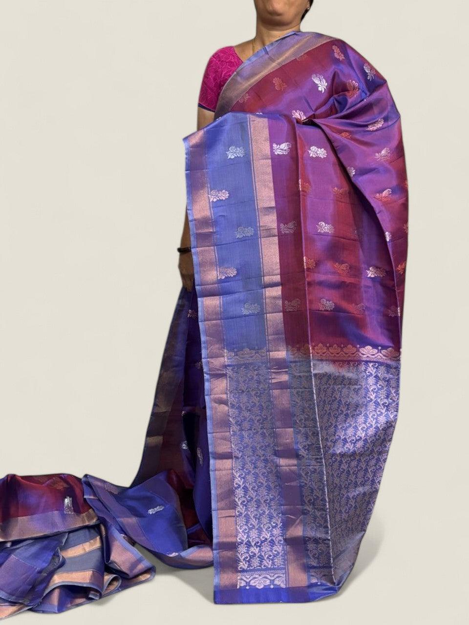 PURE SOFT SILK SAREE PURPLE AND SKY BLUE WITH ALLOVER ZARI WEAVES BUTTAS IN BORDER PLAIN STYLE