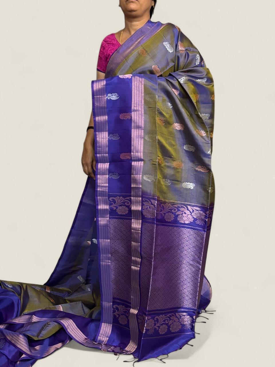 PURE SOFT SILK SAREE SKY BLUE AND BLUE WITH ALLOVER ZARI WEAVES BUTTAS IN BORDER TISSUE STYLE