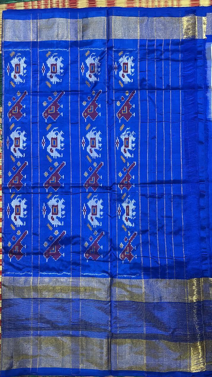 Pure Pochampally Ikkat Silk White Plain Body Blue Pallu Pallu And Blouse