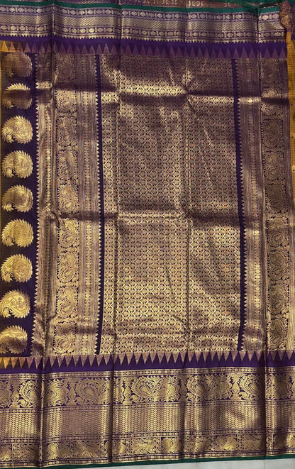 PURE GADWAL SILK BROWN BODY BUTTI CHOCOLATE PALLU BLUE BIG BORDER AND BLOUSE BLUE SAREE - pochampallysarees.com