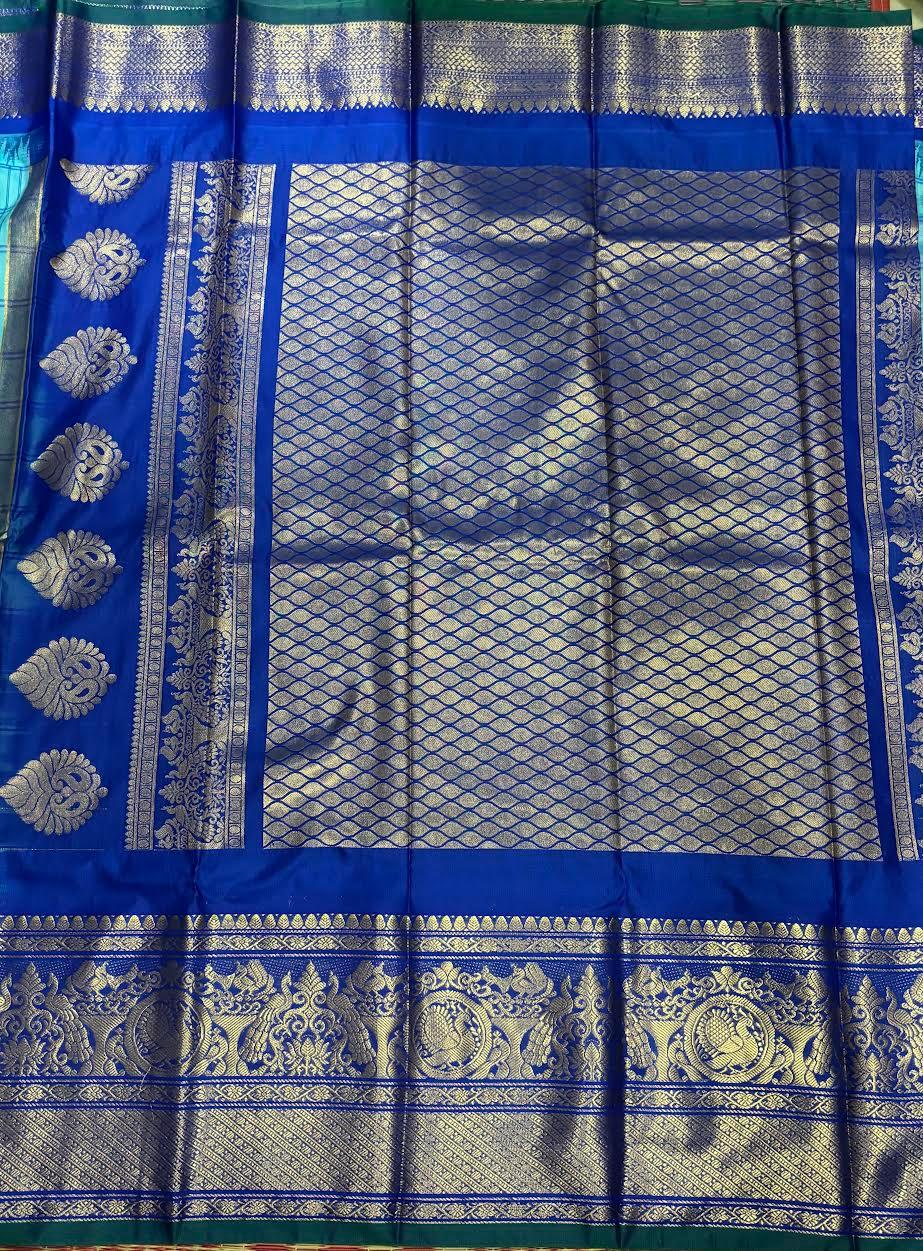 PURE GADWAL SILK LIGHT BLUE BODY BUTTI BLUE PALLU BLUE BIG BORDER AND BLOUSE BLUE SAREE - pochampallysarees.com