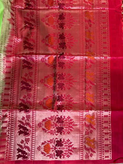 PURE SOFT SILK SAREE BODY GREEN BORDER RED SARI