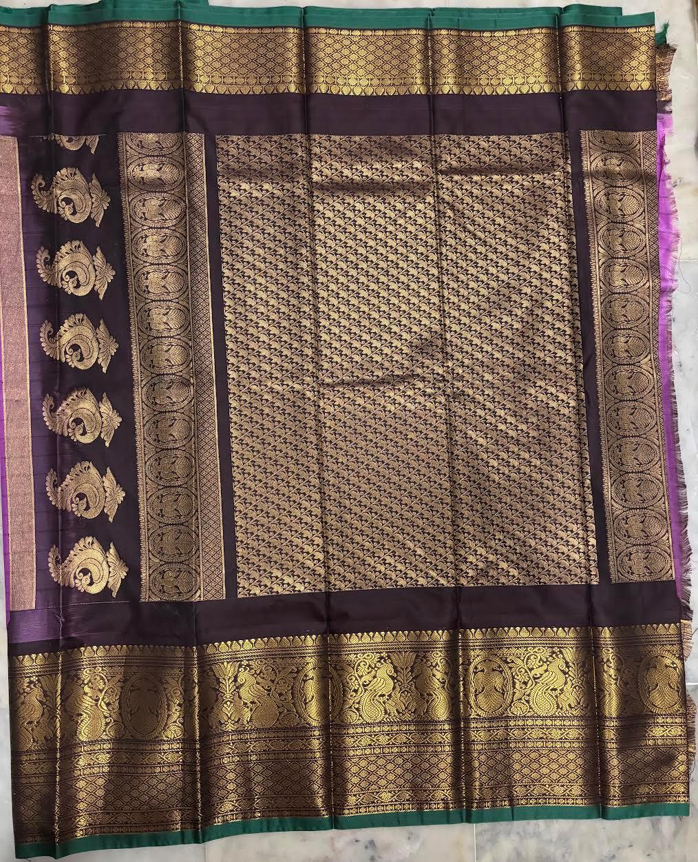 PURE GADWAL SILK PINK BODY BUTTI CHOCOLATE PALLU CHOCOLATE BIG BORDER AND BLOUSE BLUE SAREE - pochampallysarees.com