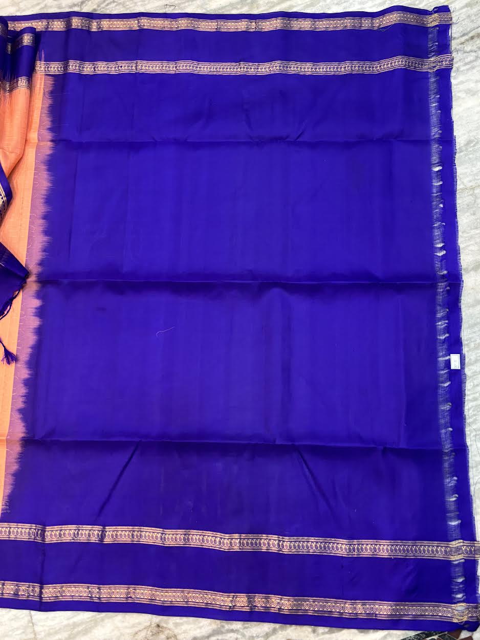 Classic Peach-Orange &amp; Royal Blue Soft Silk Saree with Gold Zari Temple Border | Traditional Festive Wear with Rich Zari Pallu &amp; Tassels - pochampallysarees.com