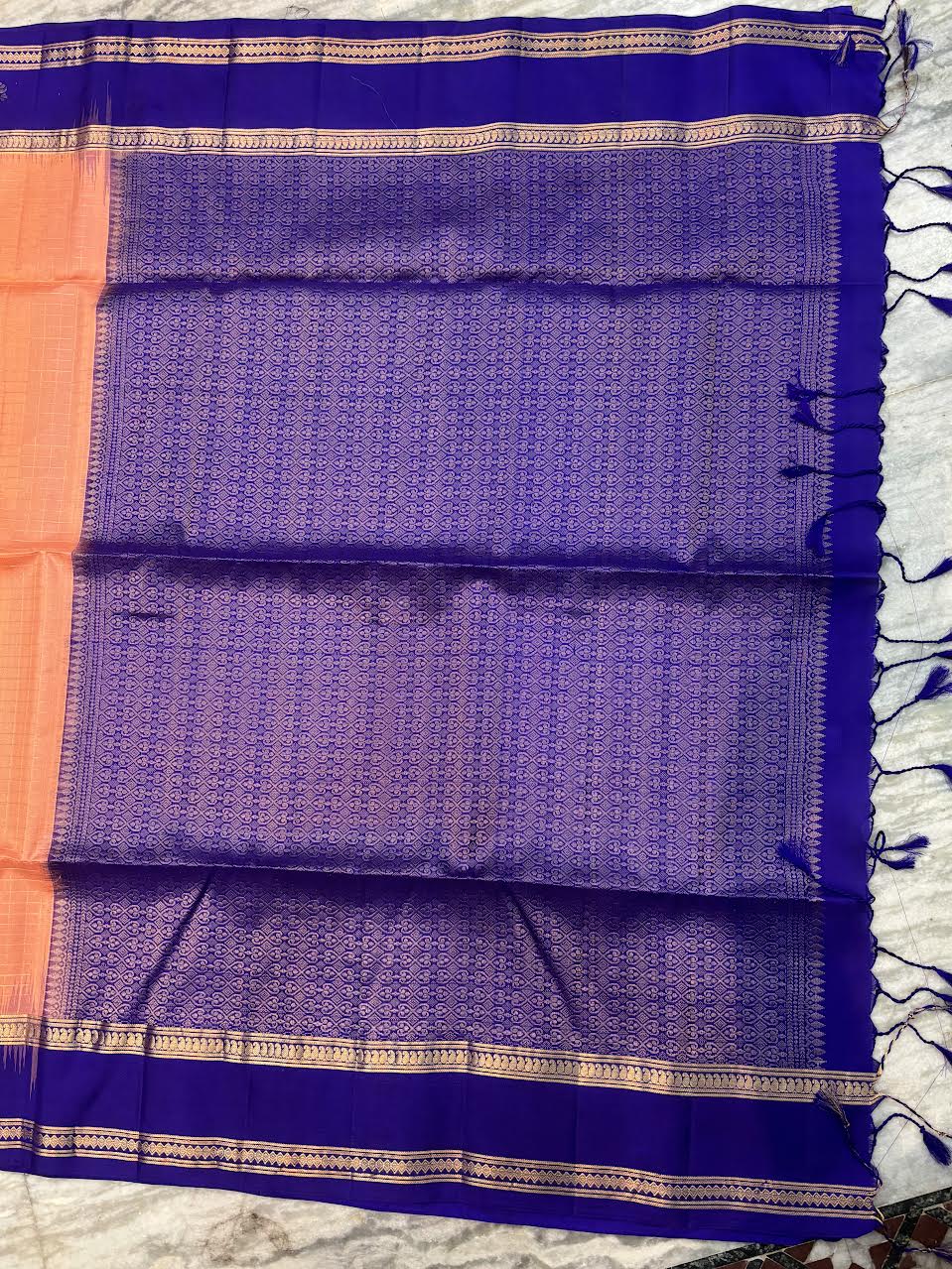 Classic Peach-Orange &amp; Royal Blue Soft Silk Saree with Gold Zari Temple Border | Traditional Festive Wear with Rich Zari Pallu &amp; Tassels - pochampallysarees.com