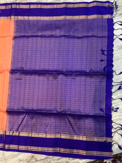 Classic Peach-Orange &amp; Royal Blue Soft Silk Saree with Gold Zari Temple Border | Traditional Festive Wear with Rich Zari Pallu &amp; Tassels - pochampallysarees.com