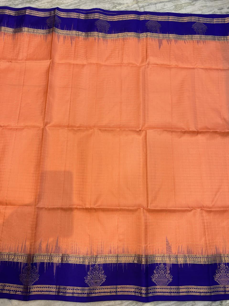 Classic Peach-Orange &amp; Royal Blue Soft Silk Saree with Gold Zari Temple Border | Traditional Festive Wear with Rich Zari Pallu &amp; Tassels - pochampallysarees.com