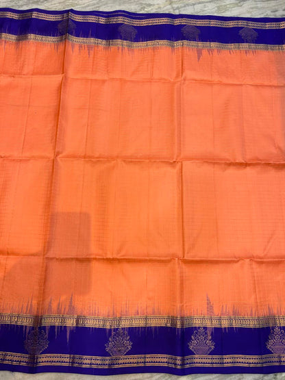 Classic Peach-Orange &amp; Royal Blue Soft Silk Saree with Gold Zari Temple Border | Traditional Festive Wear with Rich Zari Pallu &amp; Tassels - pochampallysarees.com