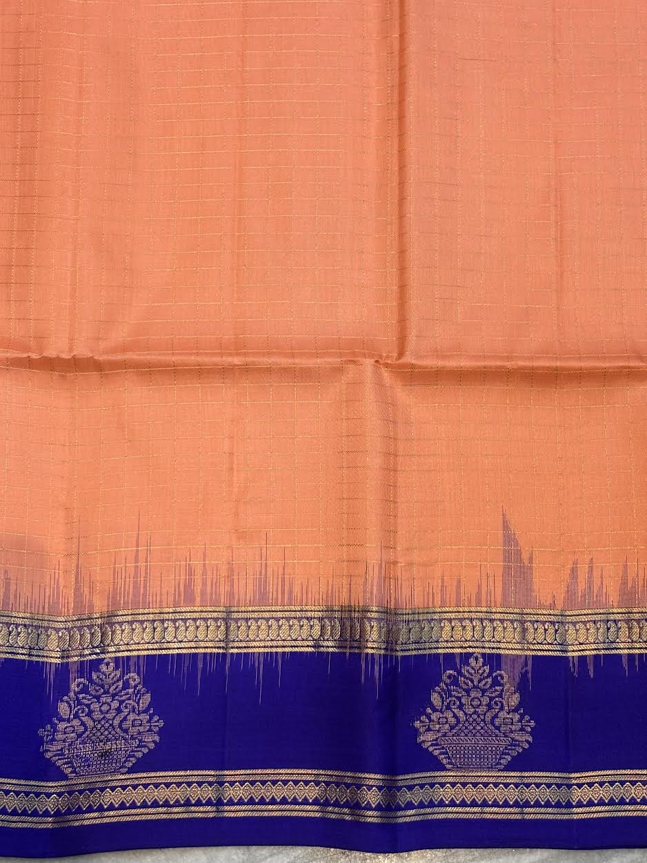 Classic Peach-Orange &amp; Royal Blue Soft Silk Saree with Gold Zari Temple Border | Traditional Festive Wear with Rich Zari Pallu &amp; Tassels - pochampallysarees.com