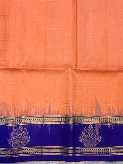 Classic Peach-Orange &amp; Royal Blue Soft Silk Saree with Gold Zari Temple Border | Traditional Festive Wear with Rich Zari Pallu &amp; Tassels - pochampallysarees.com