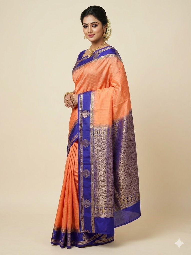 Classic Peach-Orange &amp; Royal Blue Soft Silk Saree with Gold Zari Temple Border | Traditional Festive Wear with Rich Zari Pallu &amp; Tassels - pochampallysarees.com