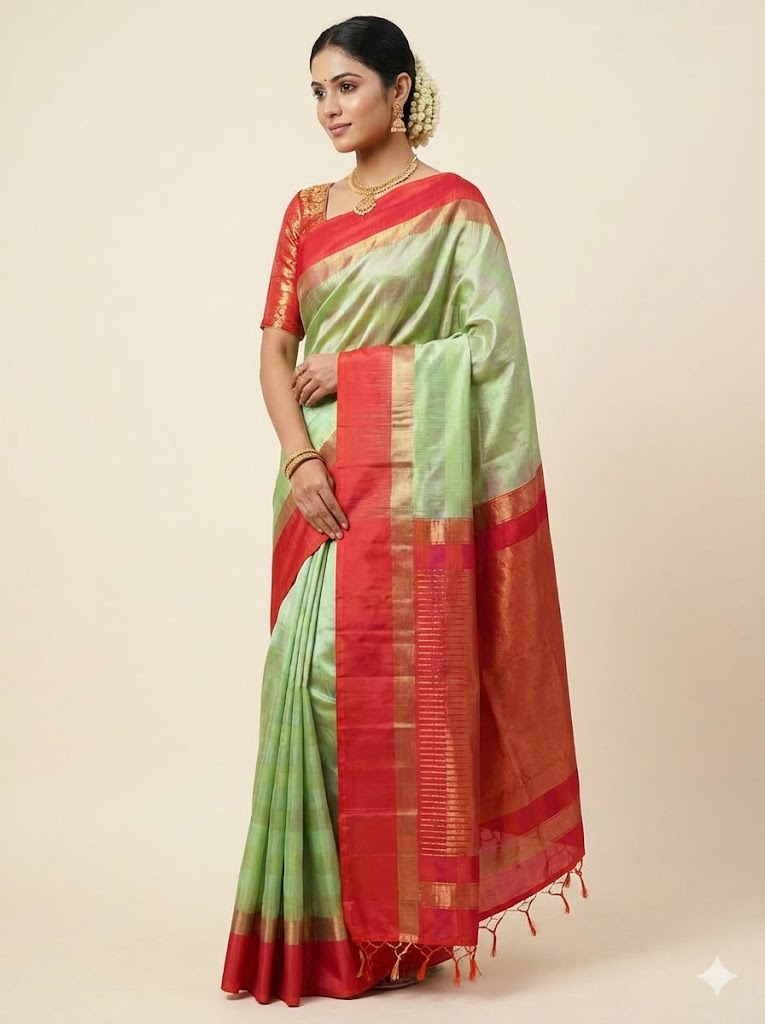 Elegant Pista Green &amp; Coral Red Handloom Pure Silk Saree | Zari Striped Pallu &amp; Contrast Border | Lightweight Traditional Festive Wear with Tassels - pochampallysarees.com
