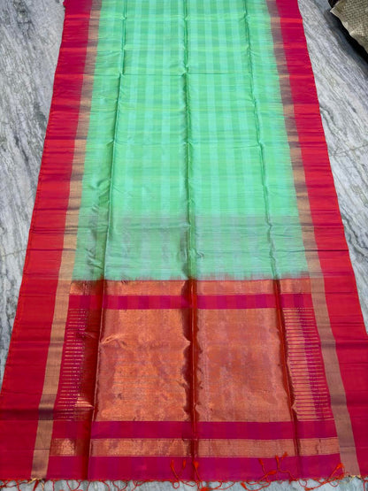 Elegant Pista Green &amp; Coral Red Handloom Pure Silk Saree | Zari Striped Pallu &amp; Contrast Border | Lightweight Traditional Festive Wear with Tassels - pochampallysarees.com
