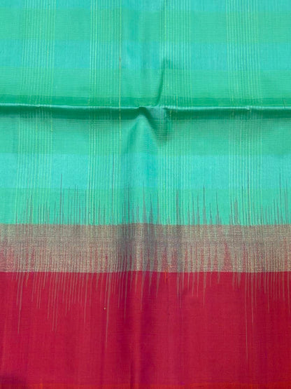 Elegant Pista Green &amp; Coral Red Handloom Pure Silk Saree | Zari Striped Pallu &amp; Contrast Border | Lightweight Traditional Festive Wear with Tassels - pochampallysarees.com