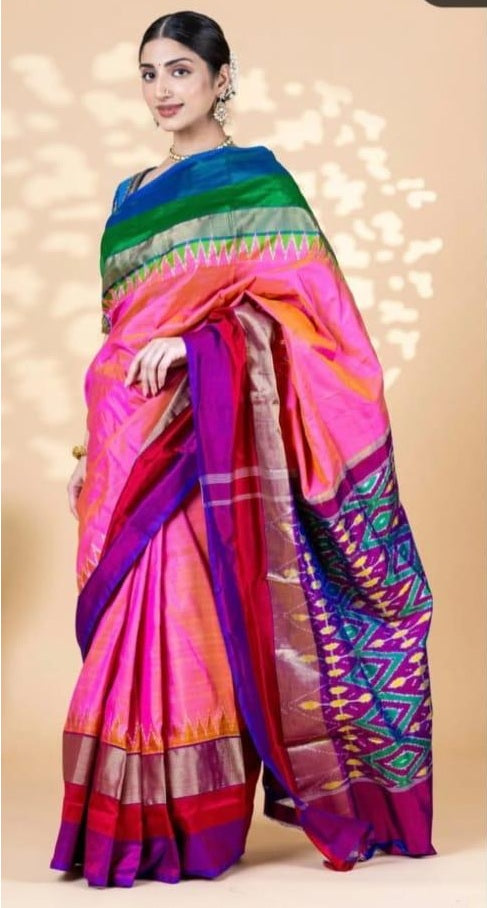 Pure Pochampally Ikkat Silk Light Pink Purple Sari