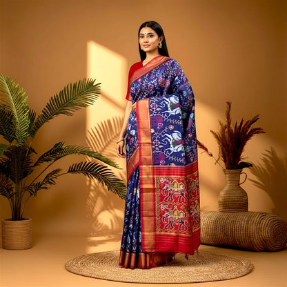 POCHAMPALLY IKKAT SILK PATOLA MIDDLE NAVYBLUE BORDER AND PALLU RED ZARI BORDER RICH PALLU SAREE - pochampallysarees.com