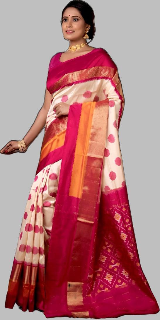 Pochampally Ikat Silk Saree White Pink - pochampallysarees.com