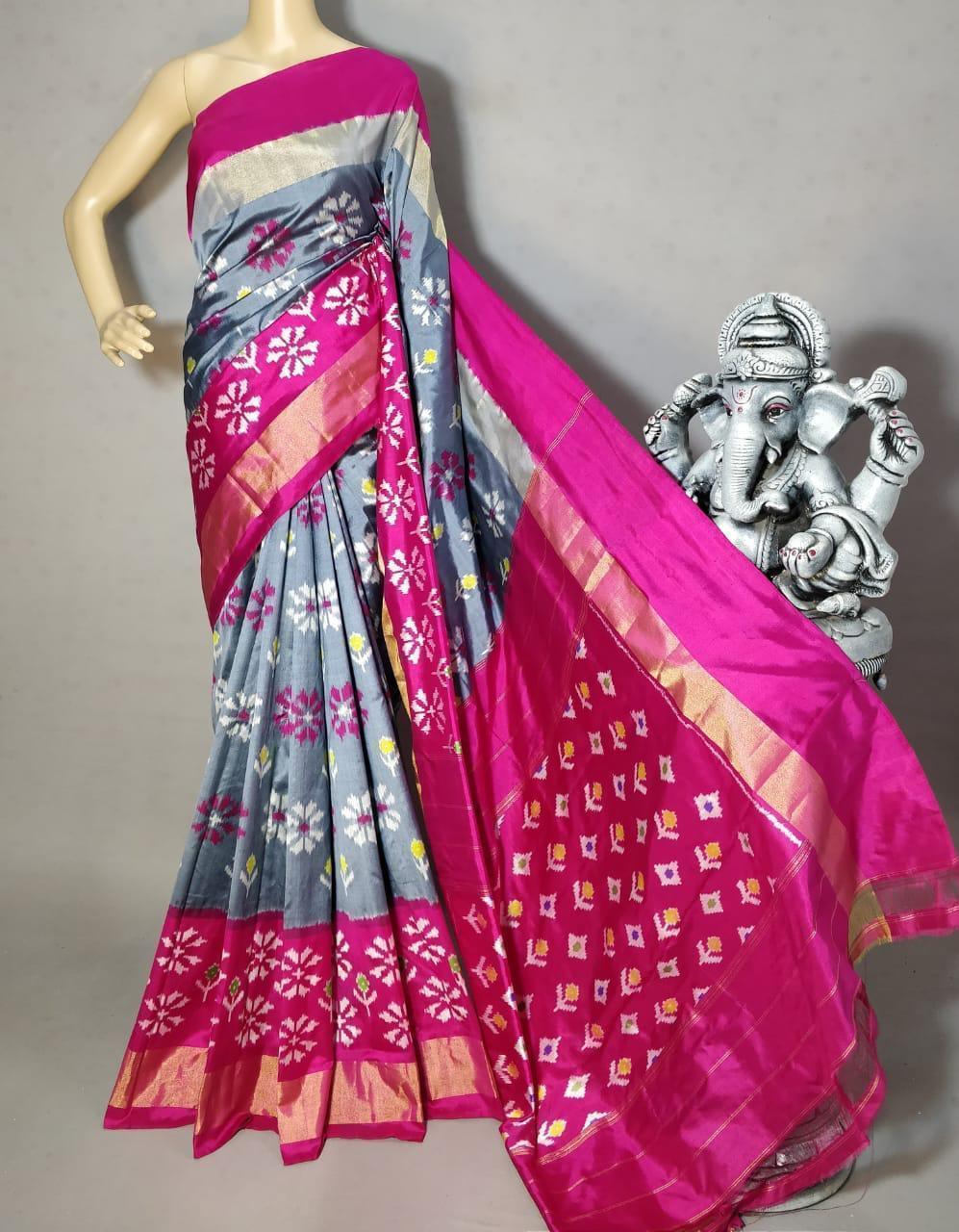 Ikat Silk Saree Gree Red