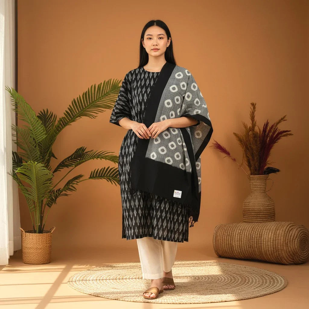 Pochampally double ikkat cotton suit worn by a woman, featuring a stylish gray top and elegant black pant set.