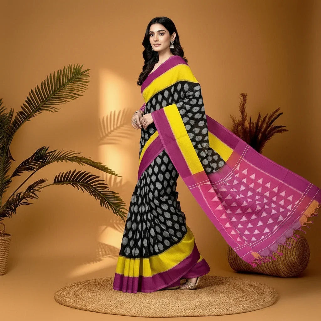 Pochampally-Ikkat-Cotton-Black-Pink-Sari-pochampallysarees.com
