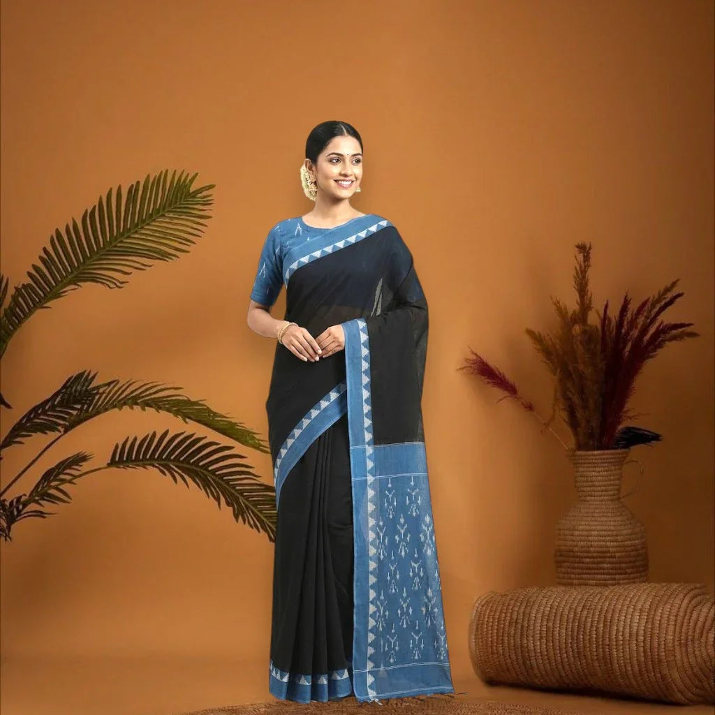 POCHAMPALLY IKKAT COTTON BLACK BODY BORDER BLUE SARI BLUE BLOUSE - pochampallysarees.com