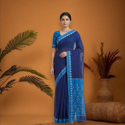 POCHAMPALLY IKKAT COTTON NAVYBLUE BODY BORDER ANANDA BLUE SARI BLOUSE ANANDA BLUE - pochampallysarees.com