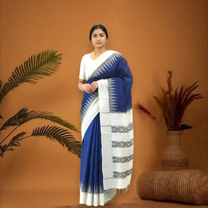 POCHAMPALLY IKKAT COTTON BLUE BODY BORDER WHITE SARI WHITE BLOUSE - pochampallysarees.com