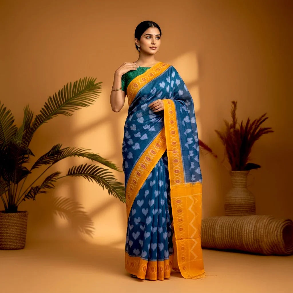Pochampally-Ikkat-Cotton-Blue-Yellow-Sari-pochampallysarees.com
