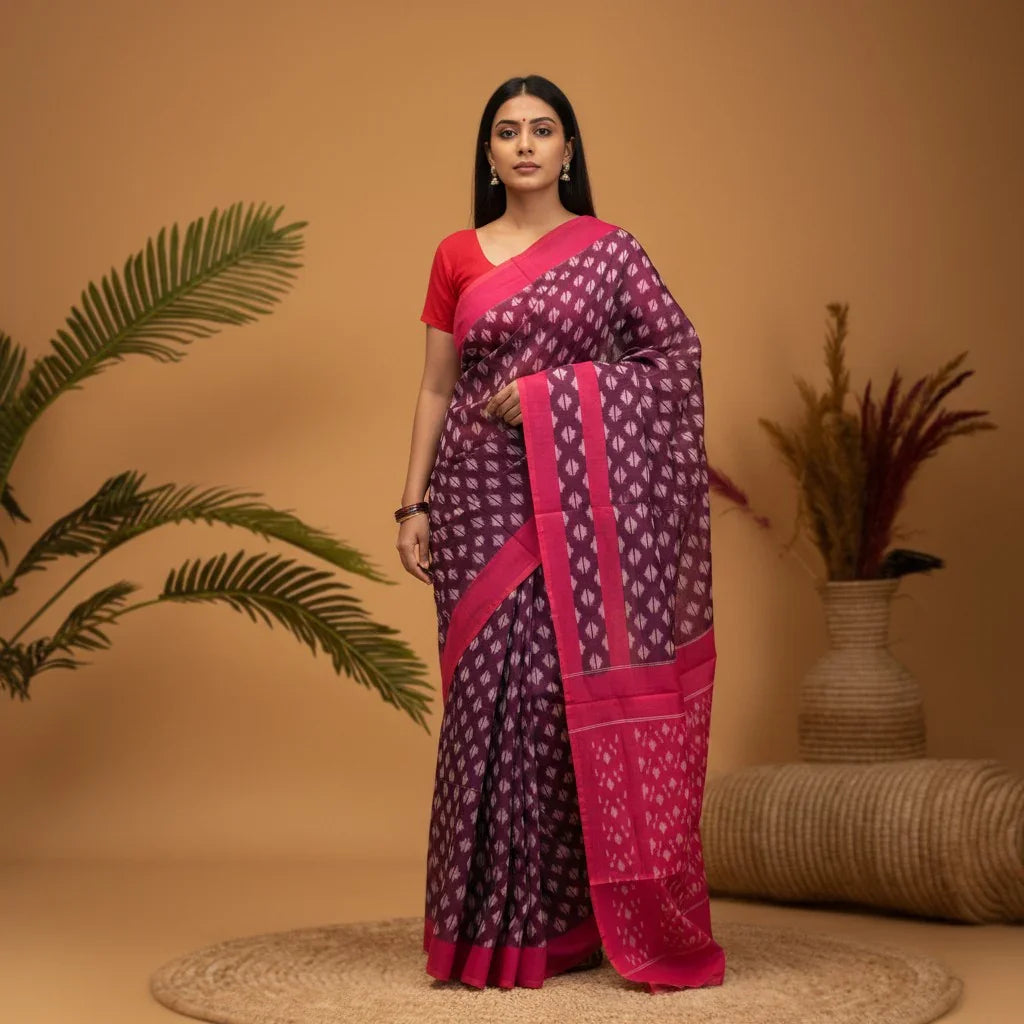 POCHAMPALLY IKKAT COTTON CHOCOLATE BODY BORDER RED SARI - pochampallysarees.com