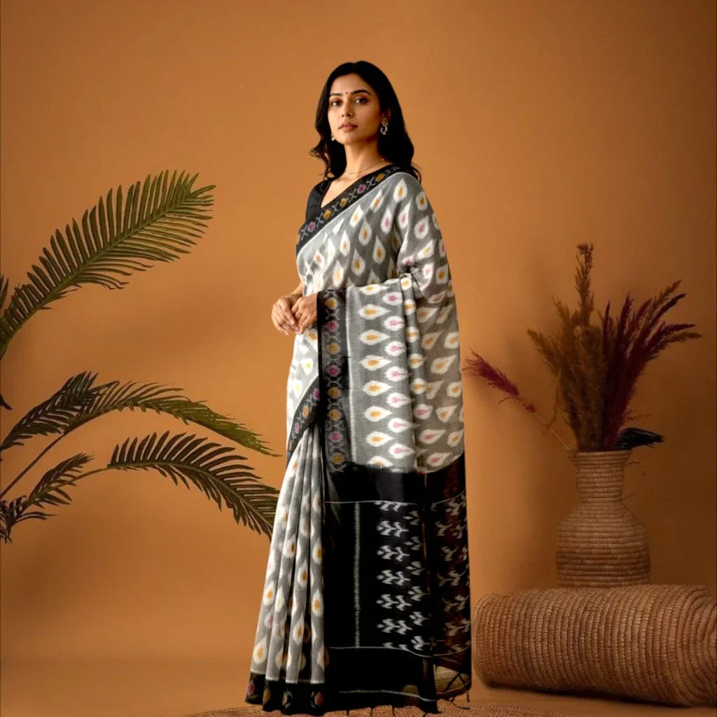 POCHAMPALLY IKKAT COTTON GRAY BLACK - pochampallysarees.com