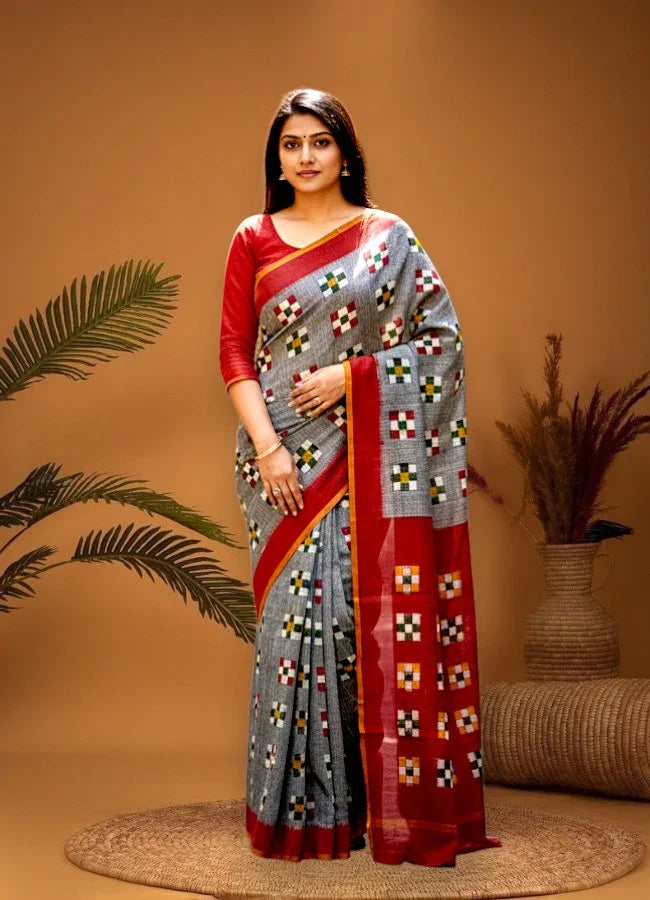 Pochampally-Ikkat-Cotton-Gray-Red-Sari-pochampallysarees.com