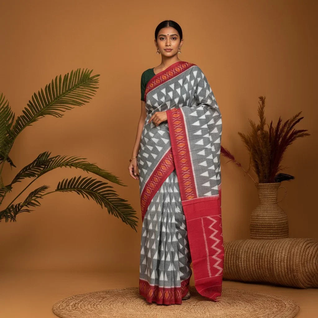 POCHAMPALLY IKKAT COTTON GRAY RED - pochampallysarees.com