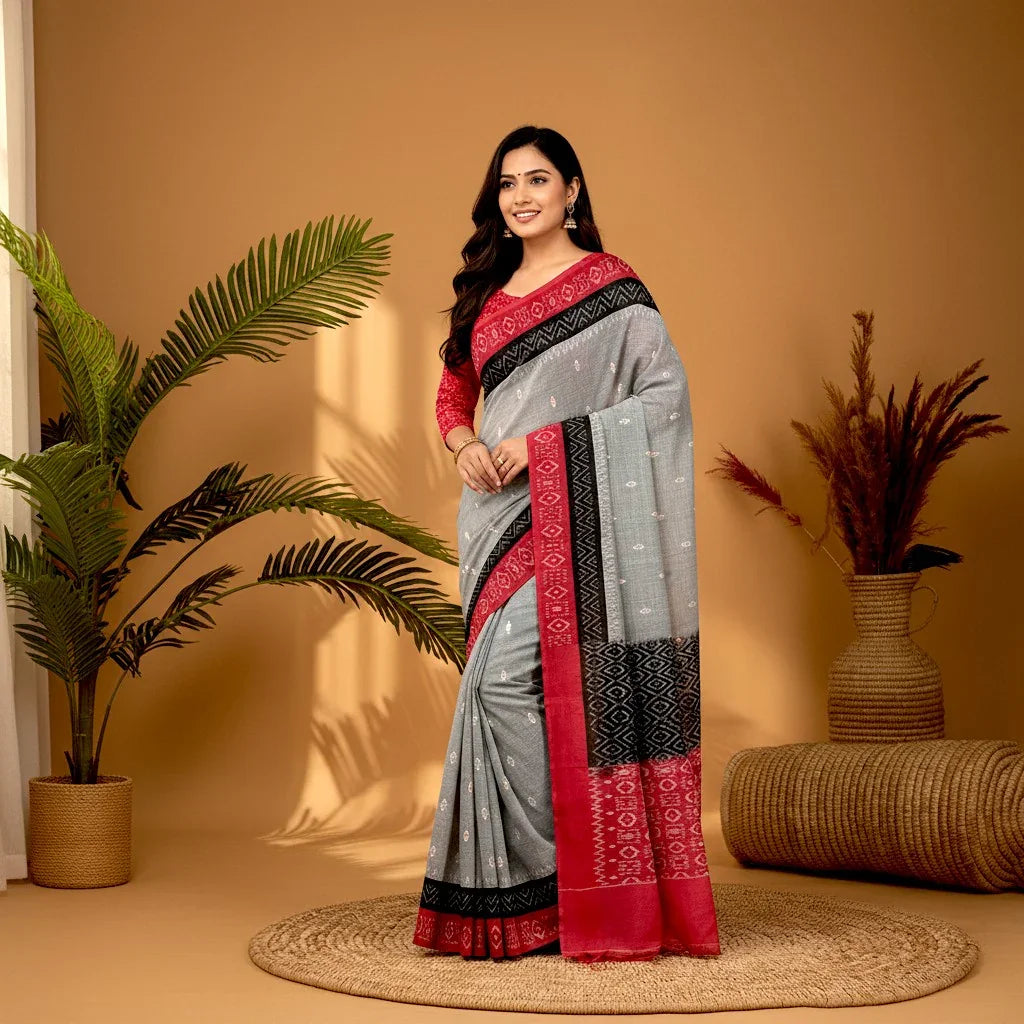 Pochampally-Ikkat-Cotton-Gray-Red-Sari-pochampallysarees.com