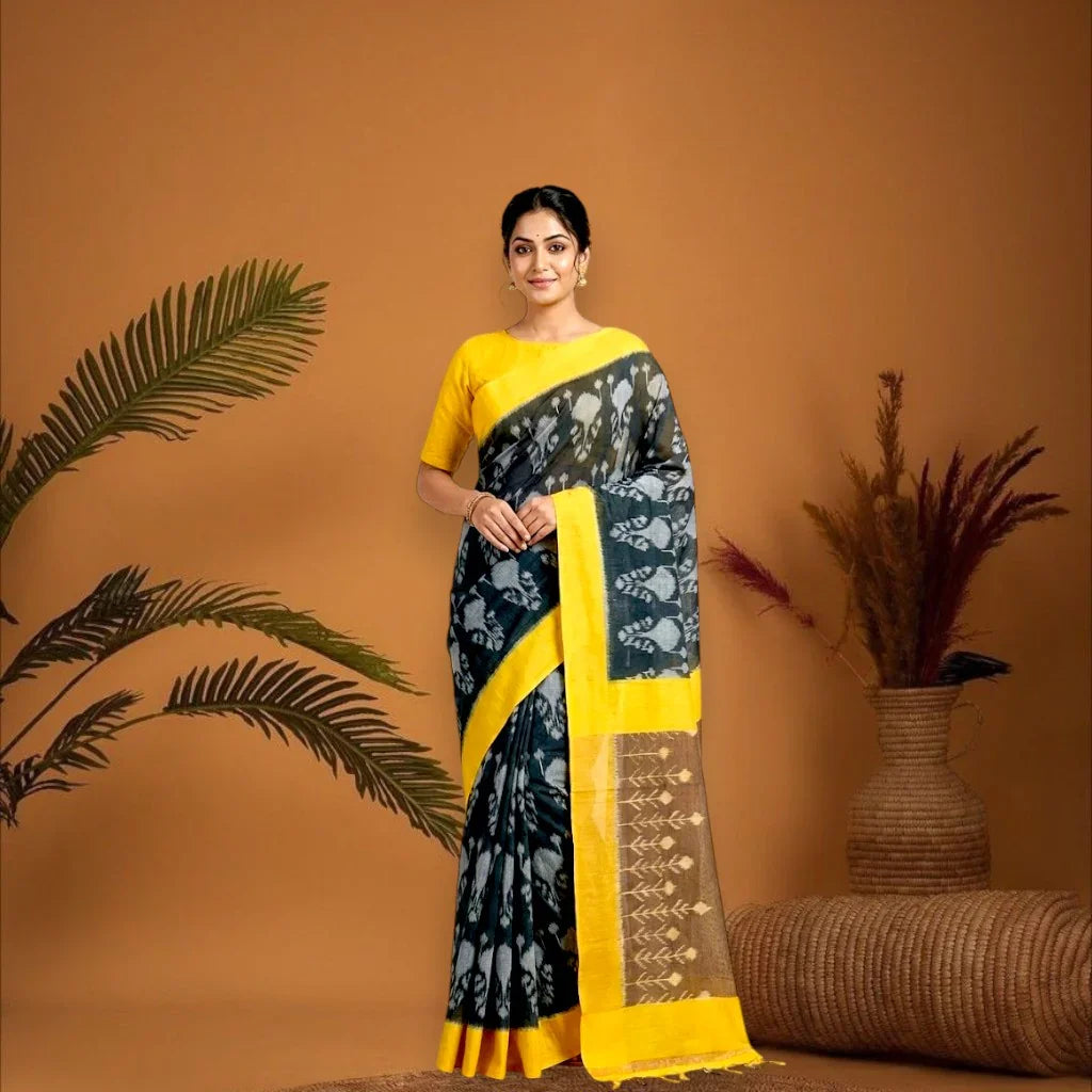 POCHAMPALLY IKKAT COTTON BOTTLE GREEN BODY BORDER YELLOW SARI YELLOW BLOUSE&amp;nbsp; - pochampallysarees.com